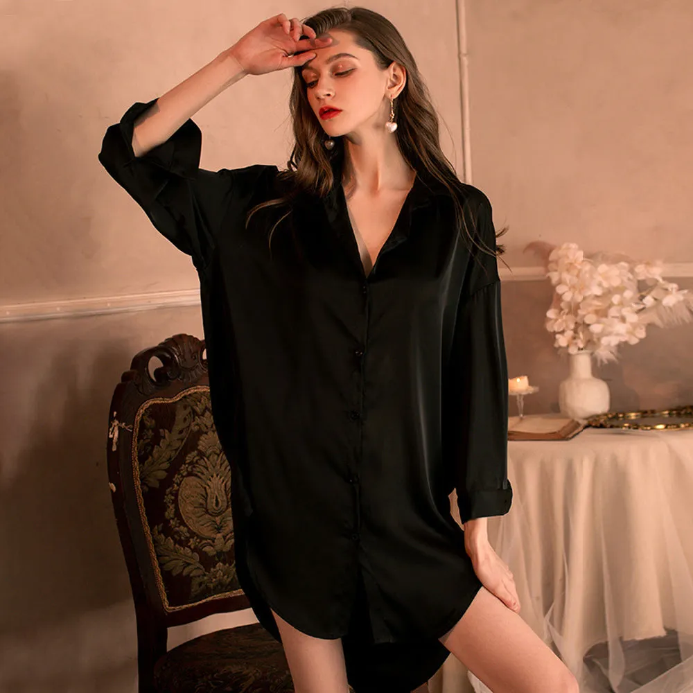 Women's Button Up Solid Nightshirt Long Sleeve Lapel Collar Nightie