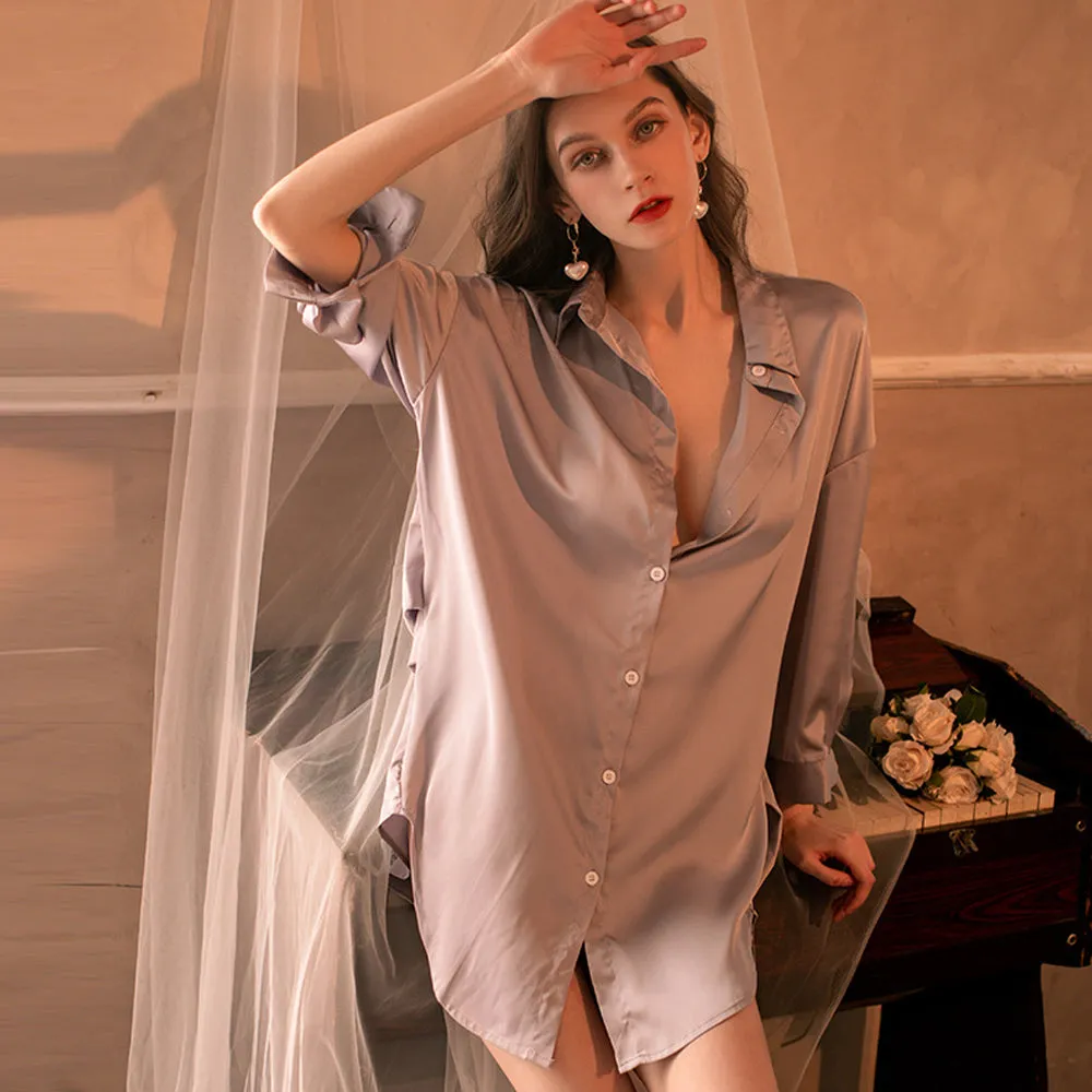 Women's Button Up Solid Nightshirt Long Sleeve Lapel Collar Nightie