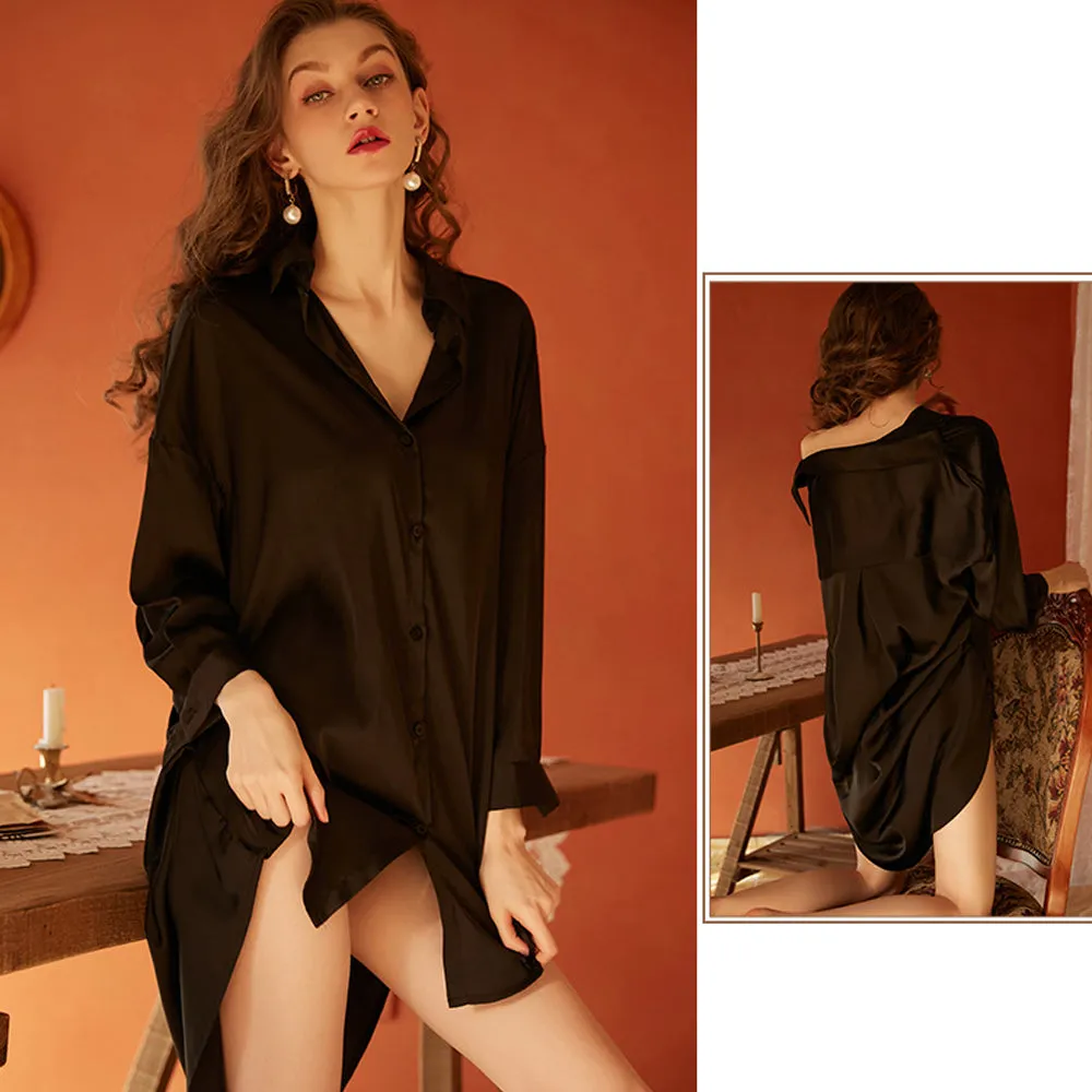 Women's Button Up Solid Nightshirt Long Sleeve Lapel Collar Nightie