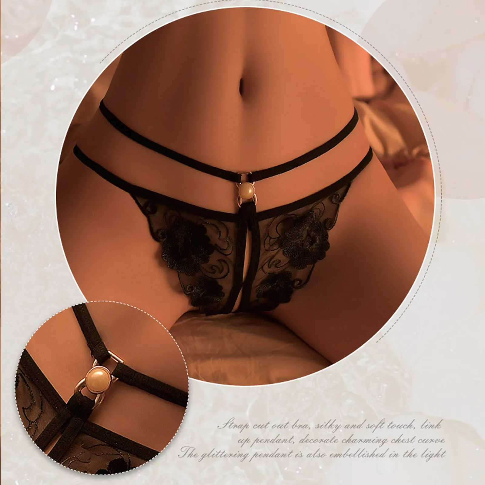 Yomorio Double Straps Lace G-String Panty Pearls Crotchless Women Briefs